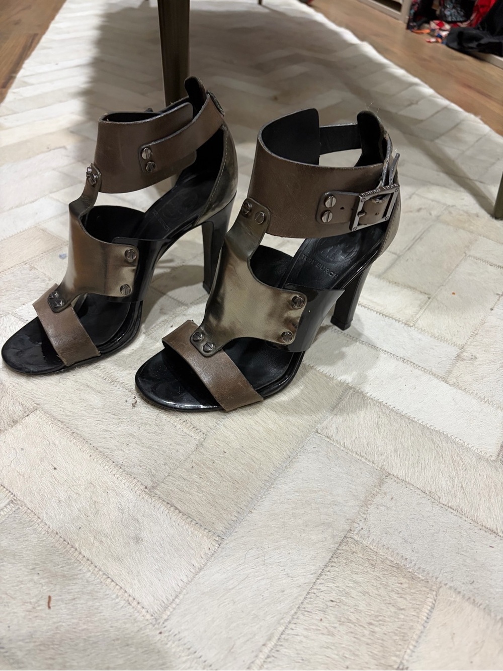 Tory Burch Gray and Metallic Leather High Heel Sandals